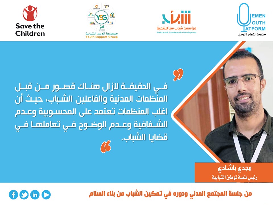 yyp2020's tweet photo. في الحقيقة لازال هناك قصور من قبل المنظمات المدنية والفاعلين الشباب، حيث أن اغلب المنظمات تعتمد على المحسوبية وعدم الشفافية وعدم الوضوح في تعاملها في قضايا الشباب.
مجدي باشادي https://t.co/pzOQUekiRj