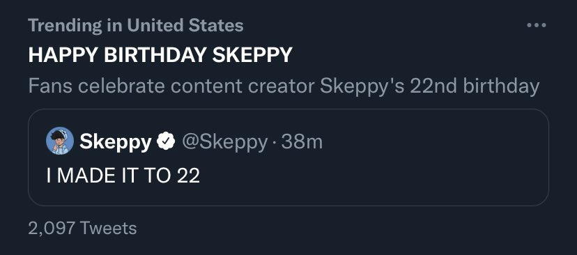 SkeppyESP's tweet photo. FELIZ CUMPLEAÑOS SKEPPY estuvo en tendencia!!
Todos están celebrándole a Skeppy por su cumpleaños numero 22! https://t.co/cJVM0ueqpx