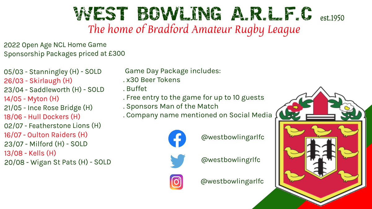 westbowlingrlfc's tweet image. 🏉Match Day Sponsorship packages

A massive thank you to those who have reached out already!

Please find the updated graphic with games still available for sponsorship below!

#GreenArmy 
#BradfordRugbyLeague