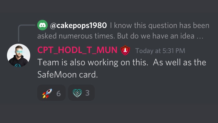 SafemoonWarrior's tweet photo. Q: I know this question has been asked numerous times. But do we have an idea when the buy (straight bank transfer) button will be available? I’m ready to grab a bunch more but the fees killing my vibe.
KARONY: Team is also working on this. As well as the #SafeMoon card. https://t.co/uAsBj45FHb