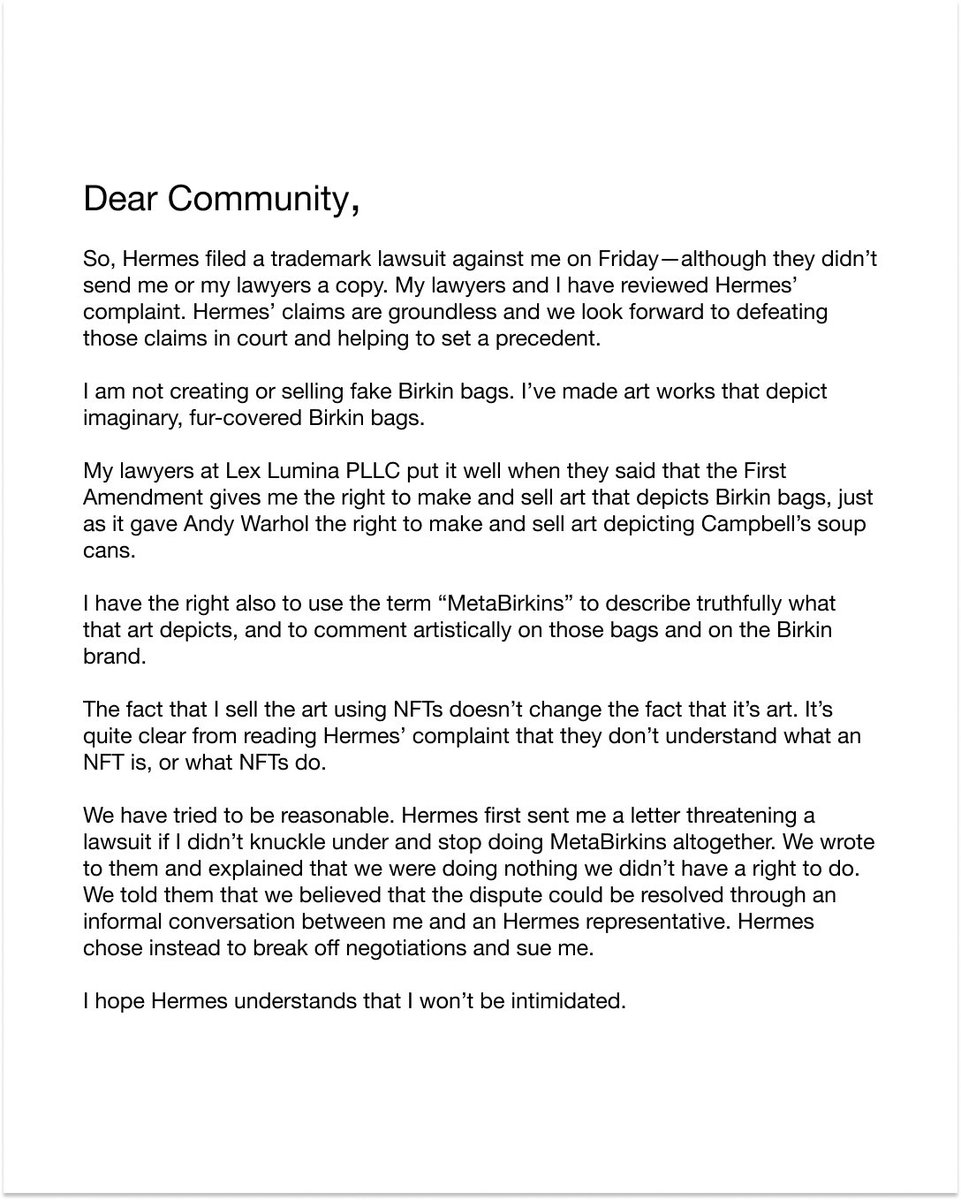 A statement in response to: Hermès International, et al. v. Mason Rothschild.