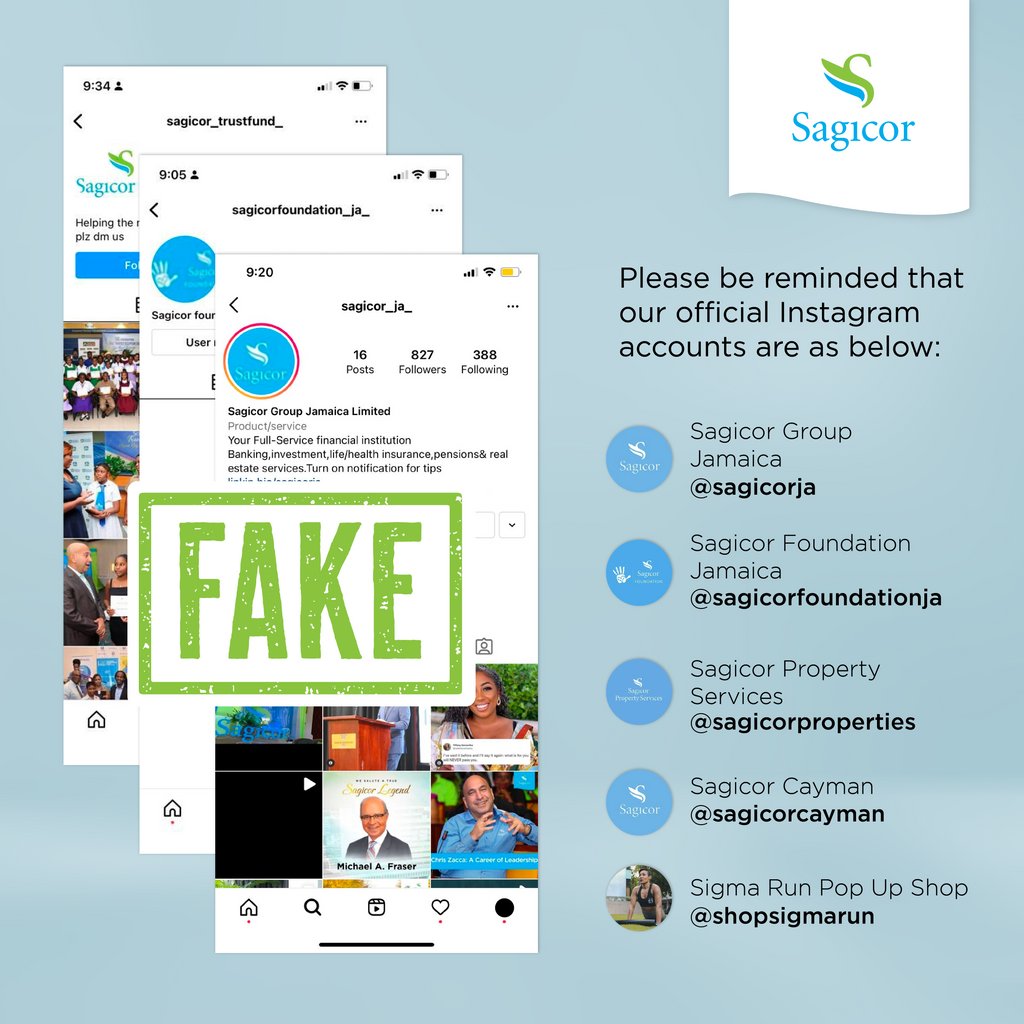 SagicorJa's tweet photo. Sagicor Group Jamaica wishes to advise that we are aware of several accounts created in the past few months to replicate our official pages.

Please be advised that we will only post on our official pages as listed below. https://t.co/DEhlwNdG90