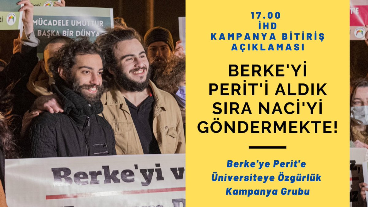Berke'ye Perit'i aldık. Kayyum Naci'yi göndereceğiz, üniversiteleri özgürleştireceğiz!

Kampanya grubu bitiriş açıklaması;
📆18 Ocak 
🕖17.00
📍İHD (Taksim)