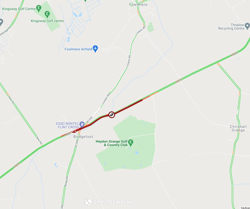 Cambs_Traffic's tweet photo. ⚠ #A505 #FlintCross DELAYS currently in both directions due to reports of an RTC of around 1.5 miles between #Bridgefoot and #ChrishallGrange.

Please allow extra time for your journey. https://t.co/b83vknzH3m