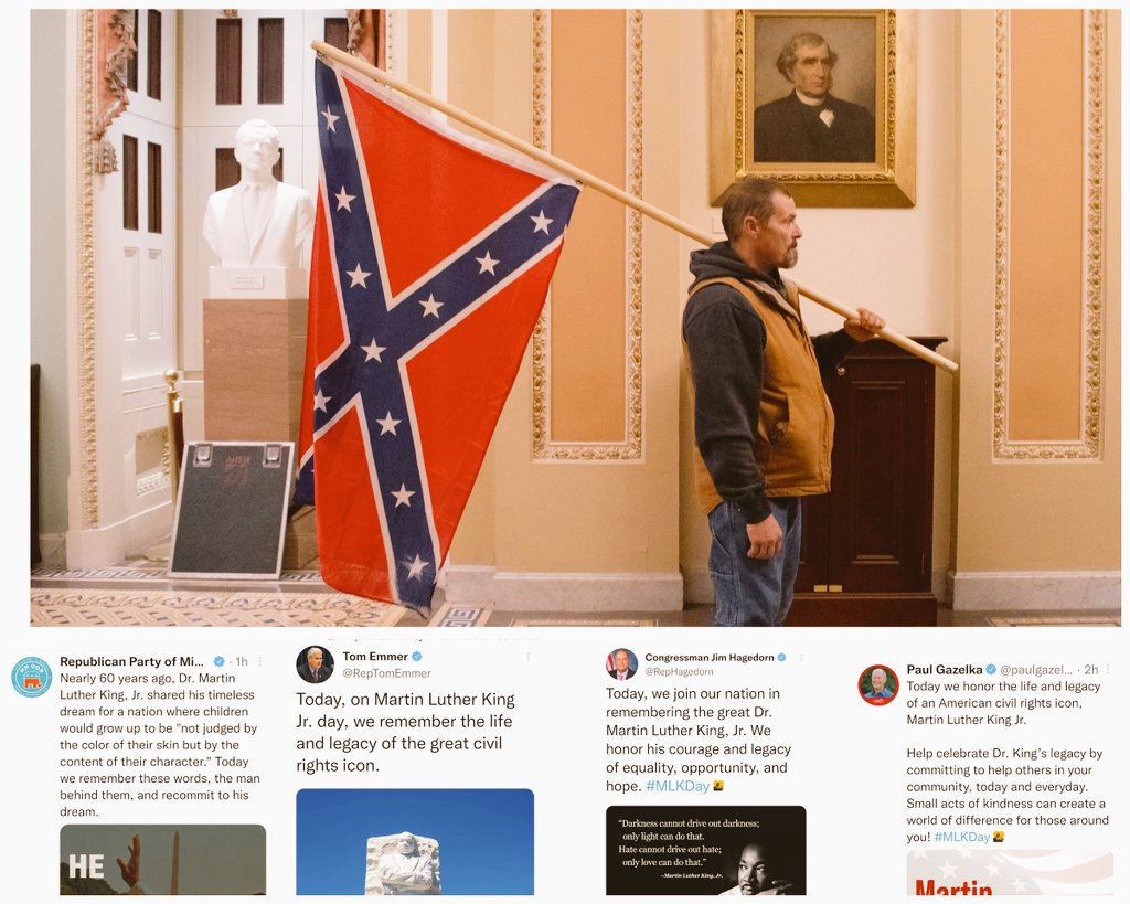 kenmartin73's tweet photo. Remember this picture when the Republicans today post this bullshit. Don't ever let them whitewash history: the Republicans stormed our Capitol trying to overthrow our government & are unraveling voting rights which was the hallmark of Dr. Kings legacy. @DemStateParties #mnleg https://t.co/RpCS13INnK