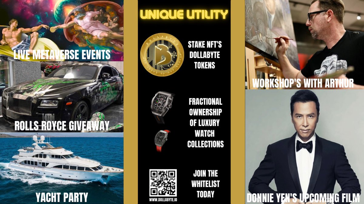 DollaByteNFT's tweet photo. Looking for one of a kind UTILITY??🌖

Live metaverse events🔮

Fractional ownership of luxury watch collections ⌚️

Rolls-Royce giveaway🚘

Yacht party🛥

Donnie Yen’s upcoming film🎬

Workshop’s with Arthur👨‍🎨

Staking NFT’s for Dollabyte tokens🪙

https://t.co/tG54E1dvJ7 https://t.co/dEhODGYjJF