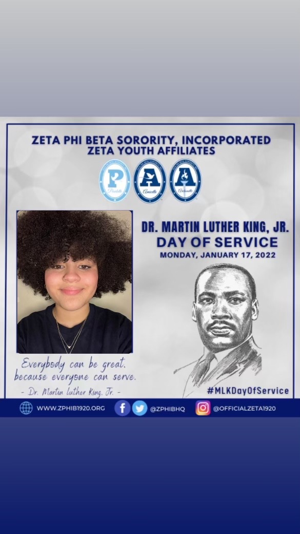 alphazeta1923's tweet photo. MLK Day of Service is a way to honor his life and teachings by engaging in community action that continues to solve social problems.

-From Youth Service America

#MLKDayofService2022
#ZetaPhiBeta
#ZYA2022DayofService
#ZYAOurCommunityisOurPride
#OneZetaYouthdoingServiceforAll https://t.co/zBa4ko7njr