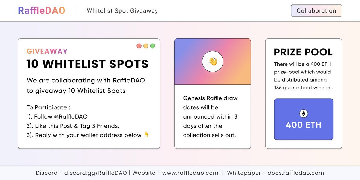 AnbroNFT's tweet photo. ✨ @RaffleDAO will be giving away 400 $ETH to its NFT holders through Genesis Raffle Draws.

💫 They are also giving 1 x Free Mint to our community worth 350$  and 10 x WL Spots.(Only 50 Left)

To Enter:
✅ RT &amp; Tag 2 friends  👇
✅ Join - https://t.co/C1sadjK8b1 https://t.co/gVaHpL9eFD