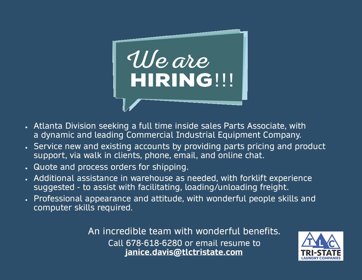 We Are Hiring in our Atlanta division.  If you are interested in applying, please send resume to janice.davis@tlctristate.com or call 678-618-6280.