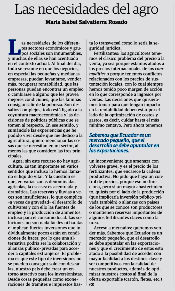 El agro necesita:

•Agua
•Fertilizantes a precios accesibles
•Acuerdos comerciales

Les comparto mi artículo publicado hoy en Diario <a href="/eluniversocom/">El Universo</a>

eluniverso.com/opinion/column…
