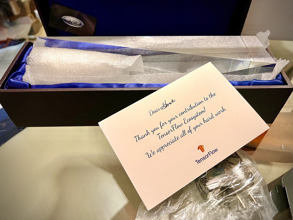 I'm so happy to proudly display my <a href="/TensorFlow/">TensorFlow</a> trophy!

I'm honored to be listed along these talented individuals
blog.tensorflow.org/2021/11/2021-T…

And a special thanks to <a href="/OReillyMedia/">O'Reilly Media</a> for publishing my book, <a href="/lmoroney/">Laurence Moroney 🇺🇸🇮🇪 🏴󠁧󠁢󠁷󠁬󠁳󠁿</a> for writing the foreword, and <a href="/jason_mayes/">Jason Mayes</a> for pushing the community!
