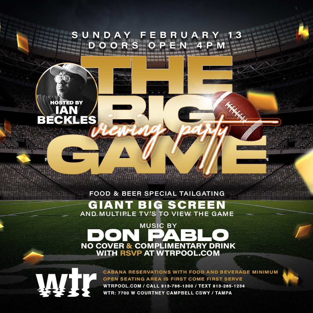 Looking for plans for the big game?Join me and Paul Dj Don P Rowe at Wtr from 4 until after the game for the best viewing party in Tampa Bay February 13th!! See you then.