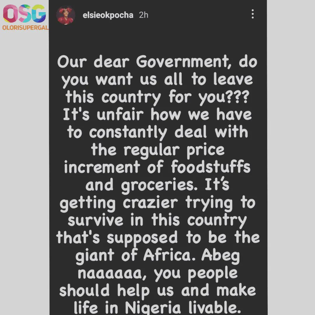"Our dear Government, do you want us all to leave this country for you??" - Comedian, Basketmouth's wife, Elsie Okpocha expresses grief on the rising cost of food items in Nigeria.

#OSG #OloriSuperGal