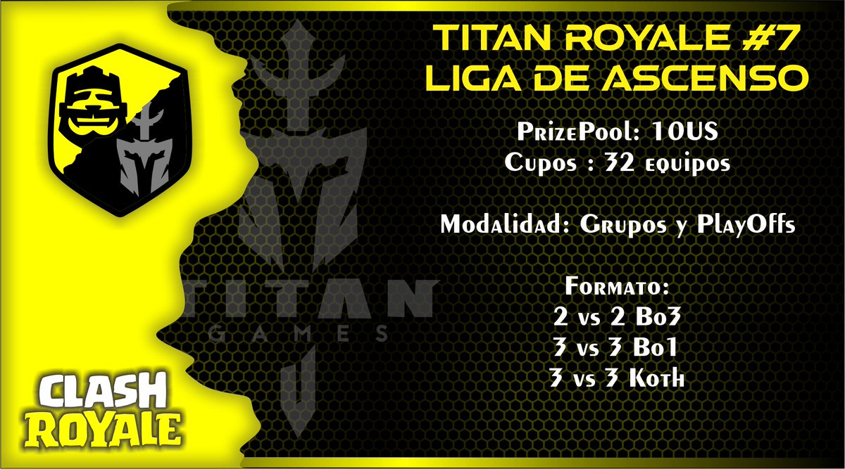 ⚪️INSCRIPCIONES ABIERTAS⚪️
TITAN ROYALE - LIGA DE ASCENSO

🏆Premio: 10US al ganador

Requisitos:

✅ Seguirnos
✅ Dar ❤️ y 🔁
✅ Etiquetar 3 equipos.

Esta liga lleva un Ranking acumulado semestral que definirá los ascensos en Junio 2022 a la SUPERLIGA.