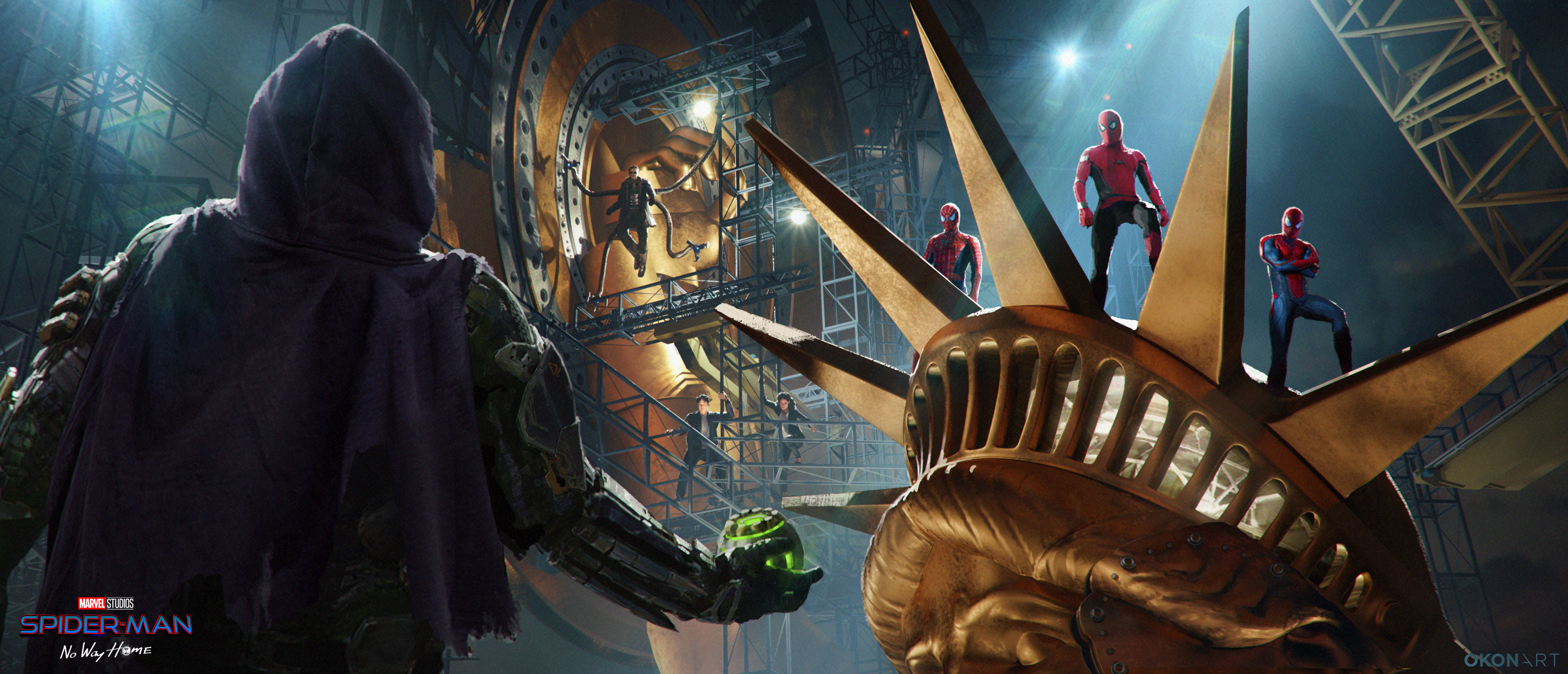 The three Spider-Men and Doc Ock facing Green Goblin