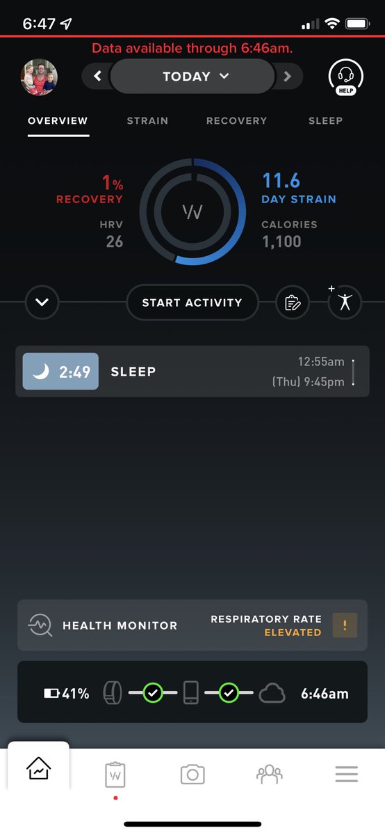 ⁦@whoop⁩ ⁦<a href="/willahmed/">Will Ahmed</a>⁩ Woke up to this with an elevated HR and RR. Obviously, knew something was wrong. Tested positive. Nice little strain in my sleep 👌🏻 Love my Whoop