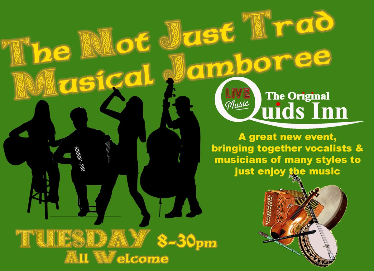 QuidsInn's tweet photo. #LIVEMUSICLINEUP @QuidsInn  
Too Much for 1 Tweet you'll have to follow the thread sorry
Tues 8-30pm "The Not Just Trad Music Jamboree"
Loads of vocalists and musicians from many genres joining together to sing, play and enjoy the Craic.  You can come along to watch OR join in!! https://t.co/TWpJnOCnUI