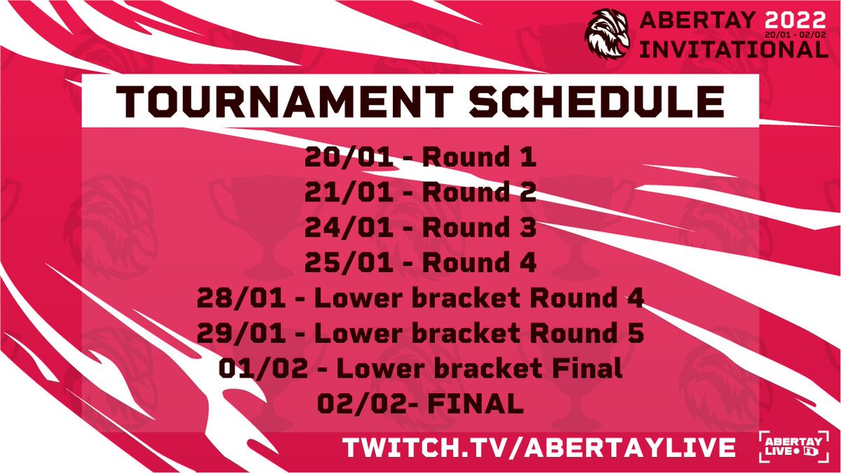 AbertayGES's tweet photo. Here is the full schedule for #AbertayInvitational. Stay tuned for round 1 fixtures and caster announcement soon! https://t.co/WcSXbtaub3