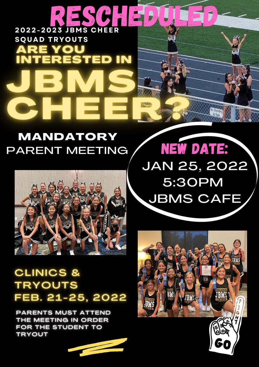 Rescheduled date for JBMS New Cheerleader Parent Meeting: Tuesday Jan. 25th @ 5:30pm