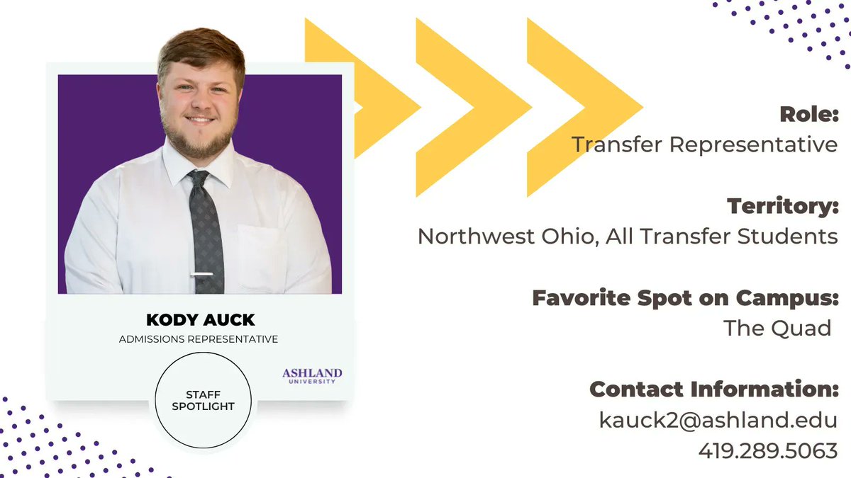 Asking for help easier when you know who's on the other end of the call/email - so let's get you acquainted with our admissions staff!👇 🤝 

Kody's not scary at all (unless un-caffeinated) and is always ready to help answer questions about transferring to AU 👉 419-289-5063
