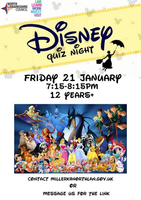 Do you know your Cinderella from Moana? What song does The Circle of Life come from? Our CLD Detached Youth Workers are running some online Disney quizes. The whole family can take part from 6 - 7pm. Email MillerK@northlan.gov.uk to sign up or for further information.