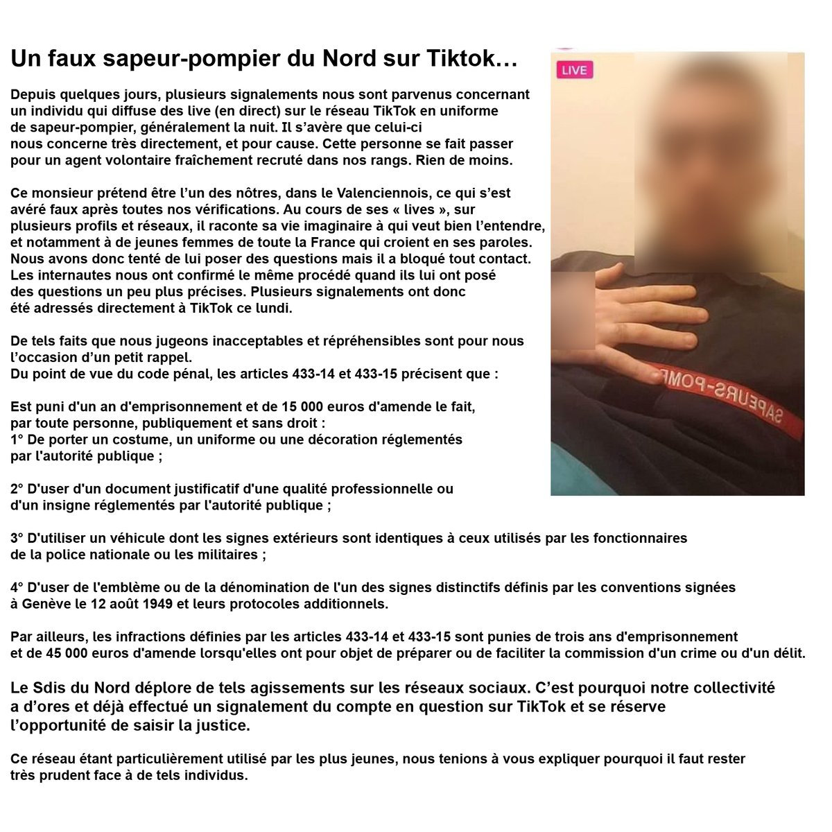 Faux profil de sapeur #pompier. Un signalement effectué sur @tiktok_France  et une plainte envisagée par le @Sdis59, image size:1200x1200