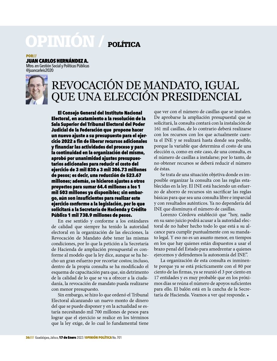 Revocación de mandato, igual que una elección presidencial
Por Juan Carlos Hernandez Ascencio
Maestro en Gestión Social y Políticas Públicas
<a href="/juancarleis2020/">Juan Carlos Hdez. A.</a>