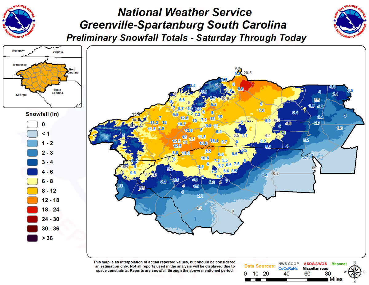NWSGSP's tweet photo. Here's a preliminary storm total snowfall map of the weekend storm system. #ncwx #scwx #gawx #avlwx #cltwx https://t.co/jrUUtfFApP