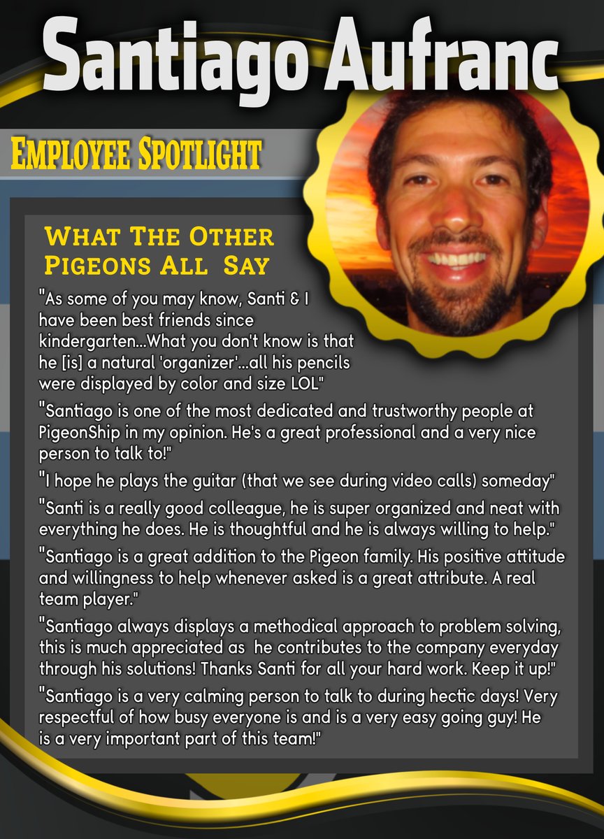 PigeonShip's tweet photo. PigeonShip is proud to highlight Santiago Aufranc as our first Employee Spotlight of 2022! Santi is one of the greatest CS Reps we could even dream of employing, but to most of us he's not just a coworker but a valued and trusted friend. Congrats Santi!!! https://t.co/qLxTOwjYxc