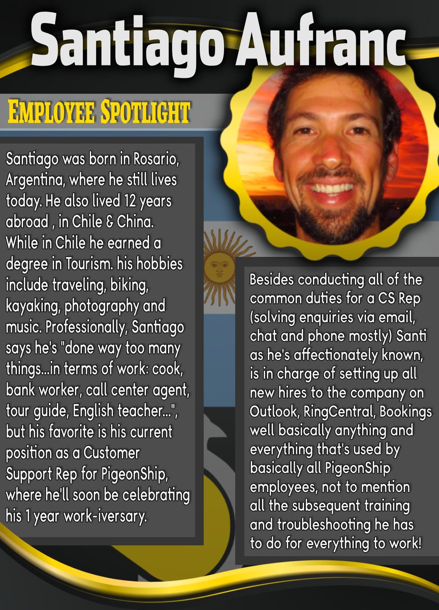 PigeonShip's tweet photo. PigeonShip is proud to highlight Santiago Aufranc as our first Employee Spotlight of 2022! Santi is one of the greatest CS Reps we could even dream of employing, but to most of us he's not just a coworker but a valued and trusted friend. Congrats Santi!!! https://t.co/qLxTOwjYxc