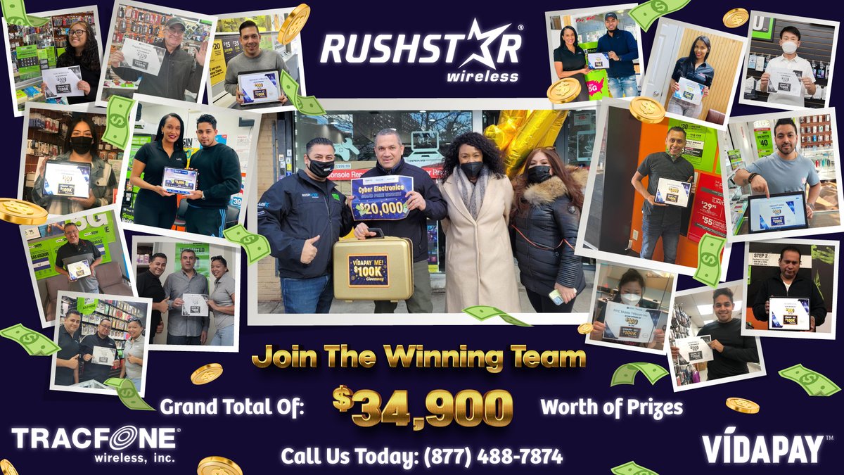 Rush_Star's tweet photo. VIDAPAY ME 100K Giveaway Winners! Thank You To All Who Participated!

Call Us: (877) 488-7874
https://t.co/eAACful0gV

#VIDAPAY
#VIDAPAYME
#RushStarWireless
#TracFone
#AmericasMostTrustedWirelessDistributor https://t.co/zQWpGOaYof