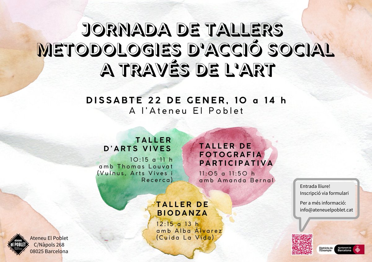 📣 Dissabte 22 de gener de 10 a 14 h, vine a la Jornada de tallers Metodologies d'Acció Social a través de l’art , amb Thomas Louvat, Amanda Bernal i Alba Alvarez. 

🟣 Activitat gratuïta i amb inscripció prèvia a través del formulari: forms.gle/PJFYYhDQPgRN9k…
