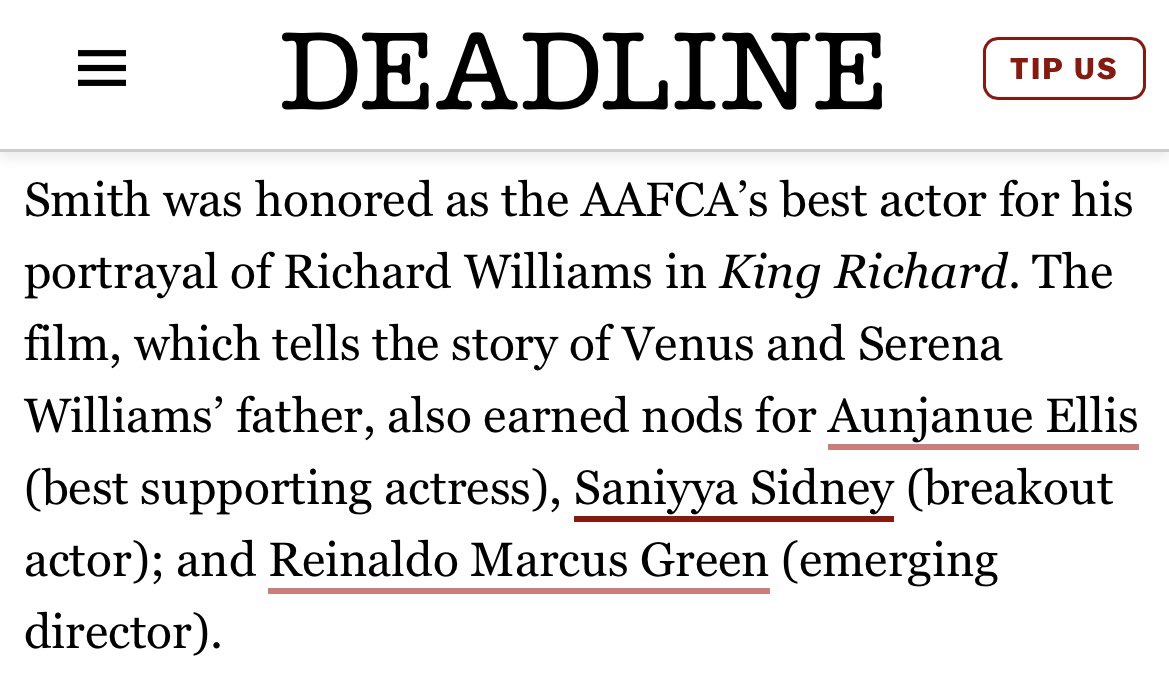 Thank you <a href="/theaafca/">TheAAFCA</a> for honoring me with best “Breakout Actor!!!” 🏆#kingrichard