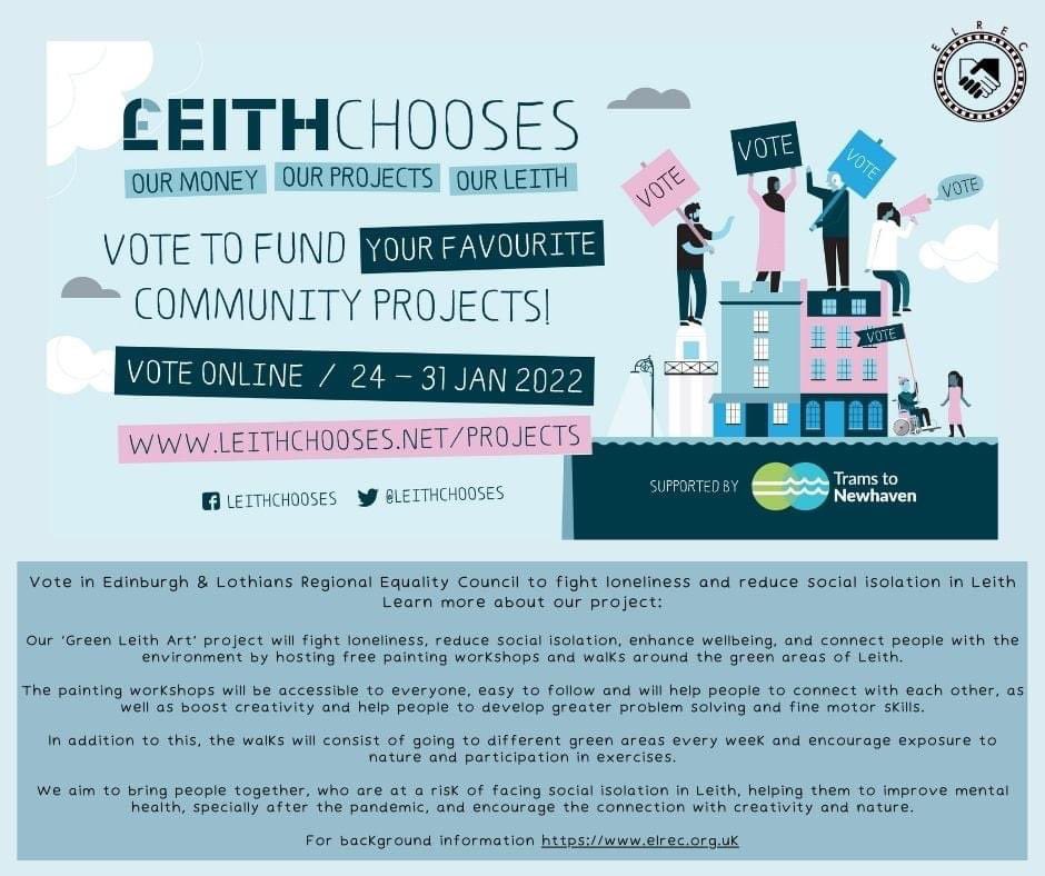 ELRECUK's tweet photo. Weβre thrilled to run for @LeithChooses. Help us to fight loneliness and reduce social isolation in #Leith.
From 24th until 31st January you can vote online for up to four projects. The online voting link will be published soon.
#fightingloneliness #greenleithart #mentalhealth https://t.co/mbMM7fPouM