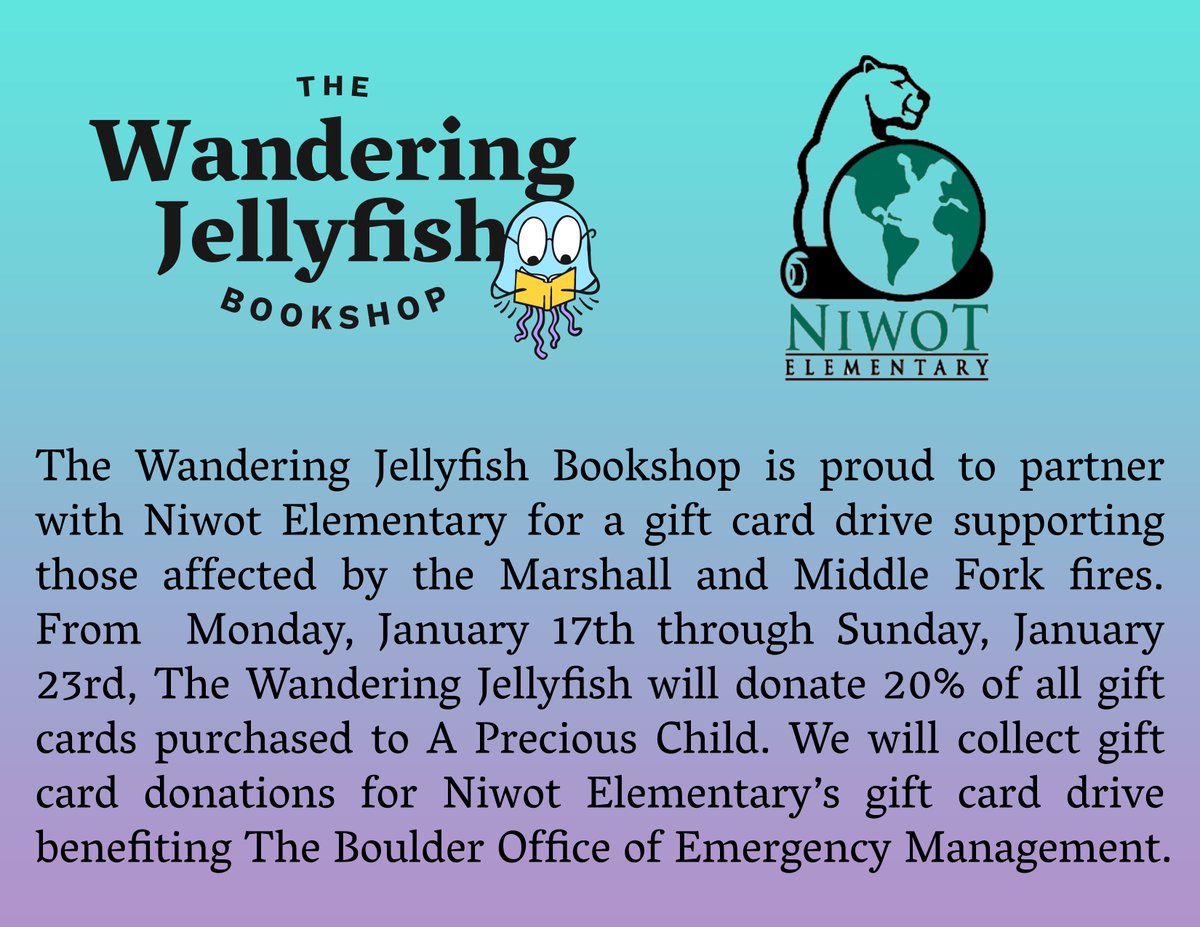 TWJBookshop's tweet photo. We pledge to donate 20% of revenue from all #twjbooks gift cards purchased 1/17-1/23 to @apreciouschild. We're collecting #giftcard #donations for Niwot Elementaryβs #giftcarddrive benefiting Boulder Office of Emergency Management. #marshallfire #middleforkfire #indiebookstore https://t.co/37ubpMvbP7
