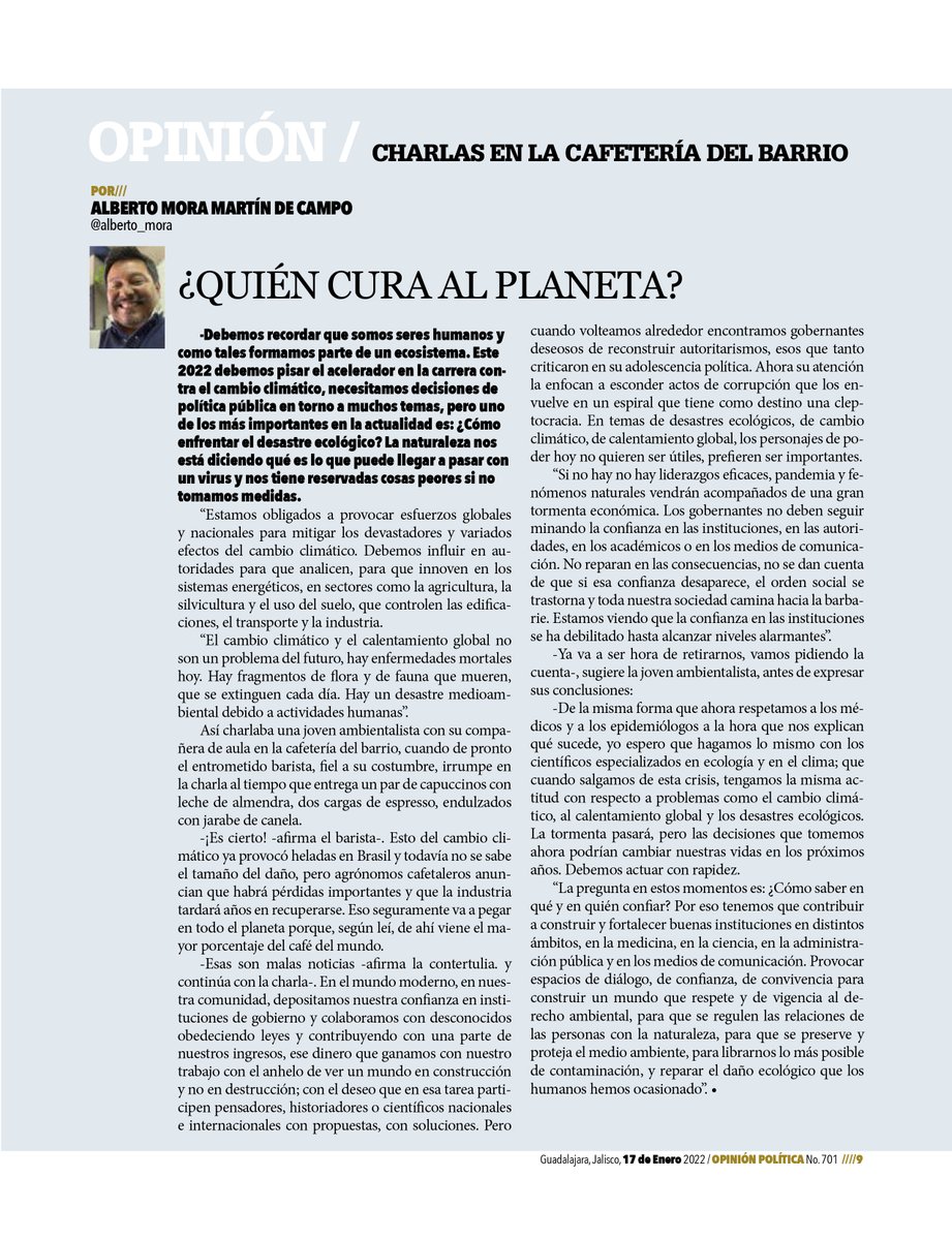 Charlas en la Cafeteria del Barrio
¿Quién cura al Planeta?
Por Alberto Mora
<a href="/alberto_mora/">Alberto Mora</a>