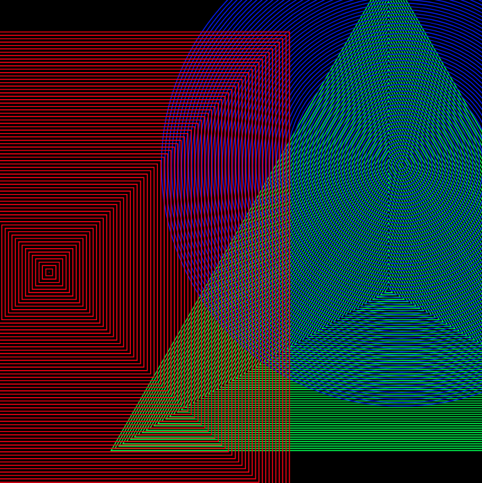 Beardcoded's tweet photo. #genuary2022 #genuary 3 colours interfering to give rise to other #colours #moire patterns from #RGB ○ □ △

i have a series of this is #fxhash if you want to see ore variations.

#generativeart #generative https://t.co/mJkEGMKnFV