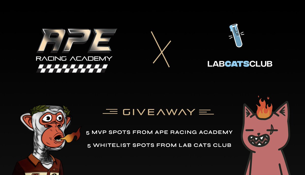 Ape Racing Academy (@aperacingeth) on Twitter photo We've partnered with <a href="/labcatsclubnft/">Lab Cats Club Official</a> 🏁
5 WL from their project
5 MVP spots from ours
☑️Follow <a href="/ApeRacingETH/">Ape Racing Academy</a> & <a href="/labcatsclubnft/">Lab Cats Club Official</a>
☑️RT & Tag 3 Friends
☑️Join both Discords (link in bio) We've partnered with <a href="/labcatsclubnft/">Lab Cats Club Official</a> 🏁
5 WL from their project
5 MVP spots from ours
☑️Follow <a href="/ApeRacingETH/">Ape Racing Academy</a> & <a href="/labcatsclubnft/">Lab Cats Club Official</a>
☑️RT & Tag 3 Friends
☑️Join both Discords (link in bio)