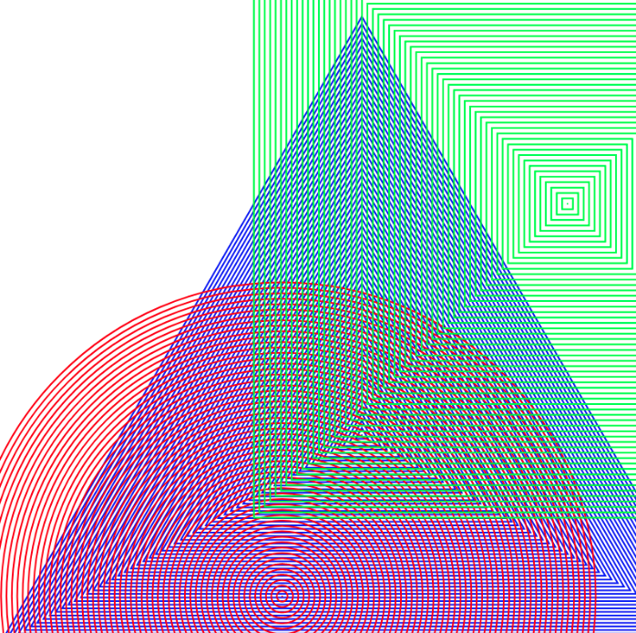 Beardcoded's tweet photo. #genuary2022 #genuary 3 colours interfering to give rise to other #colours #moire patterns from #RGB ○ □ △

i have a series of this is #fxhash if you want to see ore variations.

#generativeart #generative https://t.co/mJkEGMKnFV