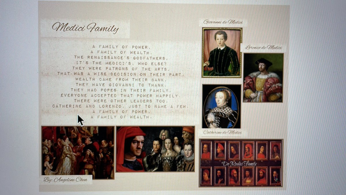 STEM7thWCMS's tweet photo. The Medici family loved the arts and I loved these 7th grade students take on that.  #7thSSCVA #modernartinpoetry #chargedup @teachtheville @cville_schools @ColliervilleVi1 https://t.co/B2TXCsGg39