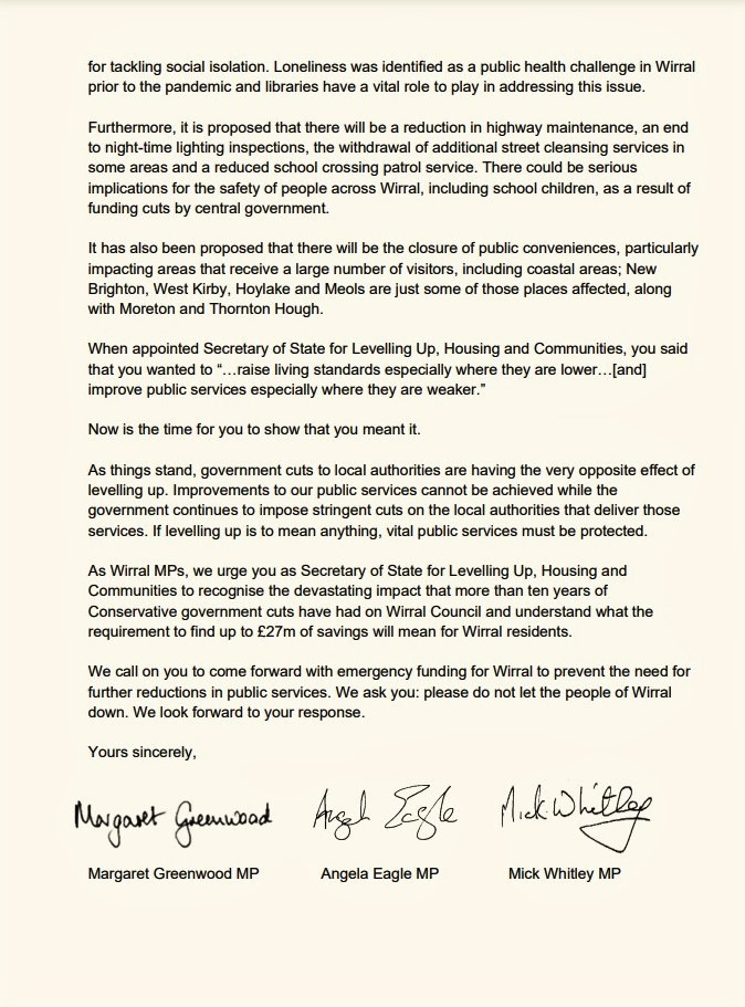 I have written, along with <a href="/MickWhitleyMP/">Mick Whitley</a> &amp; <a href="/angelaeagle/">Angela Eagle DBE</a> , to Michael Gove calling on him to provide urgent support to Wirral Council to prevent the closure of key services that communities rely on. If levelling up is to mean anything, vital public services must be protected.