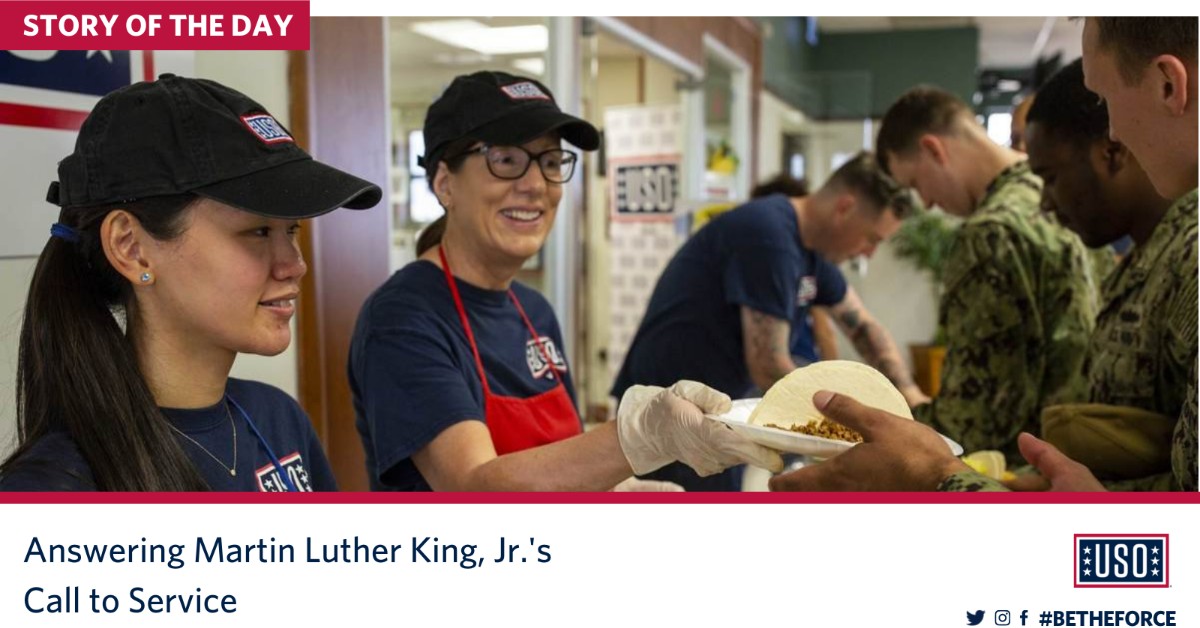 The_USO's tweet photo. We celebrate his legacy of helping others each year on the Martin Luther King, Jr. Day of Service – the same day we, as a nation, honor King and his contributions to America. https://t.co/skVcYpgvvv https://t.co/2jRKrlJP5o