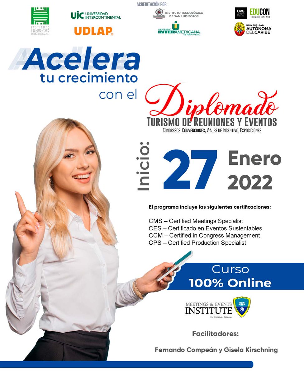3 Razones para inscribirse al Diplomado en Turismo de Reuniones y Eventos: 
1. La altísima satisfacción de los casi 100 graduados.
2. El rico contenido visionario, útil y práctico
3. En 5 países, 7 universidades de prestigio acreditan.
( aprovecha precios COVID )