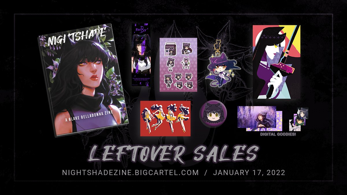 NIGHTSHADE — PRODUCTION UPDATE

🖤 Hello all! We will be opening our leftover sales today! We have leftover zines, postcards, keychains, pins, and stickers! 

Act fast for your last chance to grab a copy of the Nightshade Fanzine!

#BlakeBelladonna #RWBYBlake #RWBY #RoosterTeeth
