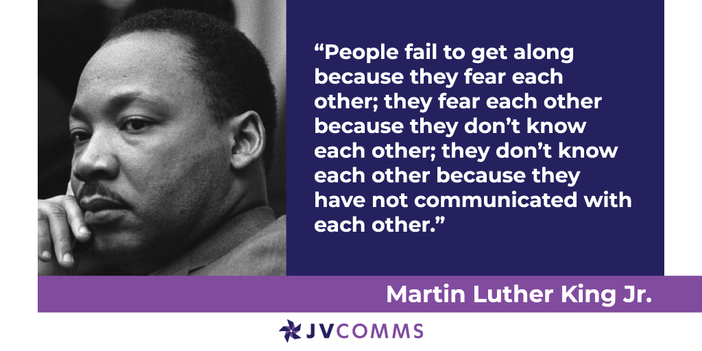jvcomms_ny's tweet photo. Rev. Dr. Martin Luther King, Jr. used his voice to call for change, highlight injustice &amp; challenge everyone to treat each other with kindness. His words drove progress, yet there is still more to do. Each of us has a chance to carry his mission forward in our lives. https://t.co/bLXA5BKdZ6