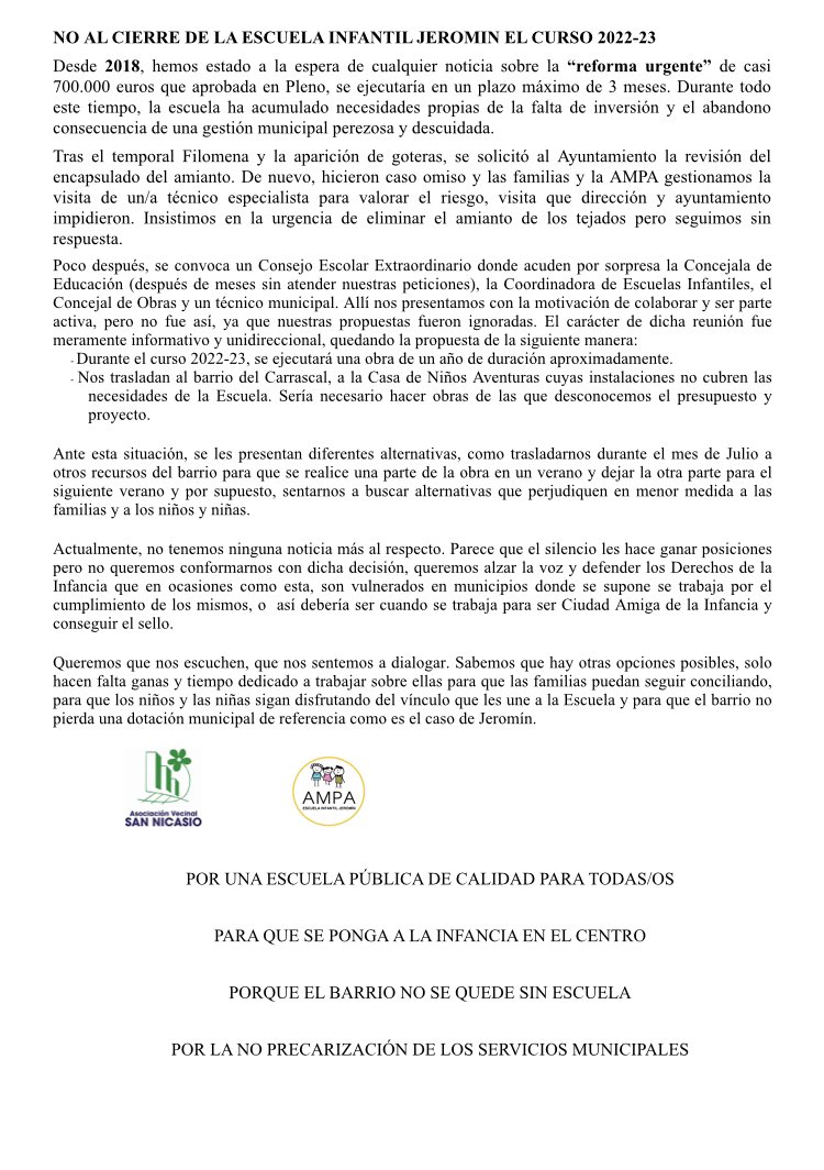 El Barrio San Nicasio se quedará sin escuela el próximo curso. No al traslado de EI Jeromin <a href="/ampaeijeromin/">AMPA EI Jeromín</a> <a href="/AytoLeganes/">Ayuntamiento de Leganés</a>  <a href="/ampaeifortuna/">AMPA Escuela Infantil La Fortuna</a> <a href="/CasaBurbujas/">Casa De niños Burbujas La fortuna</a> <a href="/casaeduleganes/">CASA DE LA EDUCACIÓN</a>
