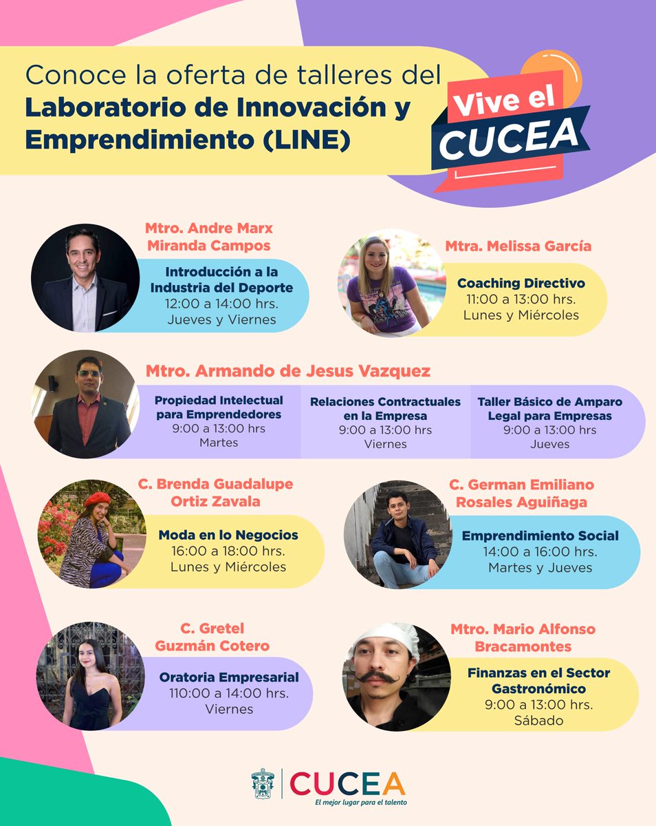 line_cucea's tweet photo. 🗣️ Atención #ComunidadCUCEA:

Del 17 al 21 de enero se abrirá el pre-registro para los Talleres de Formación Integral 2022-A.

Te presentamos la oferta de talleres de innovación y emprendimiento.

📲 pre-registro:
https://t.co/uRwCwZEYaM https://t.co/Uekbqh6IoJ