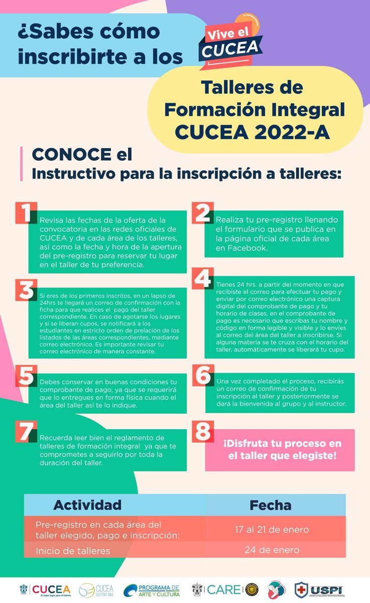 line_cucea's tweet photo. 🗣️ Atención #ComunidadCUCEA:

Del 17 al 21 de enero se abrirá el pre-registro para los Talleres de Formación Integral 2022-A.

Te presentamos la oferta de talleres de innovación y emprendimiento.

📲 pre-registro:
https://t.co/uRwCwZEYaM https://t.co/Uekbqh6IoJ