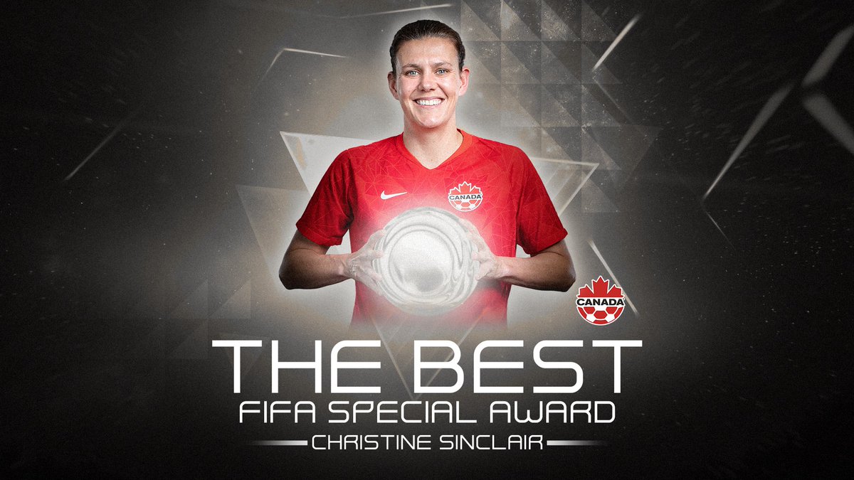 CANWNT's tweet photo. Christine Sinclair 🍁honoured with The Best FIFA Special Award 

#Sincy185 🌎🏆 https://t.co/ksX862Xgt2 https://t.co/BKsPxxJxgo