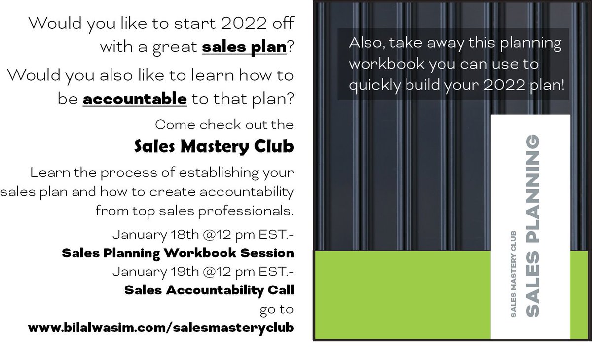 SyedBilalWasim's tweet photo. Ready to create your sales plan for 2022. Come join us on Jan 18th at Noon (12 PM) EST as Trevor and I work together to create your 2022 sales plan.

https://t.co/AiWvmKxu9C 

#sales #training #coaching #goals #2022 https://t.co/ZarfeivYIY